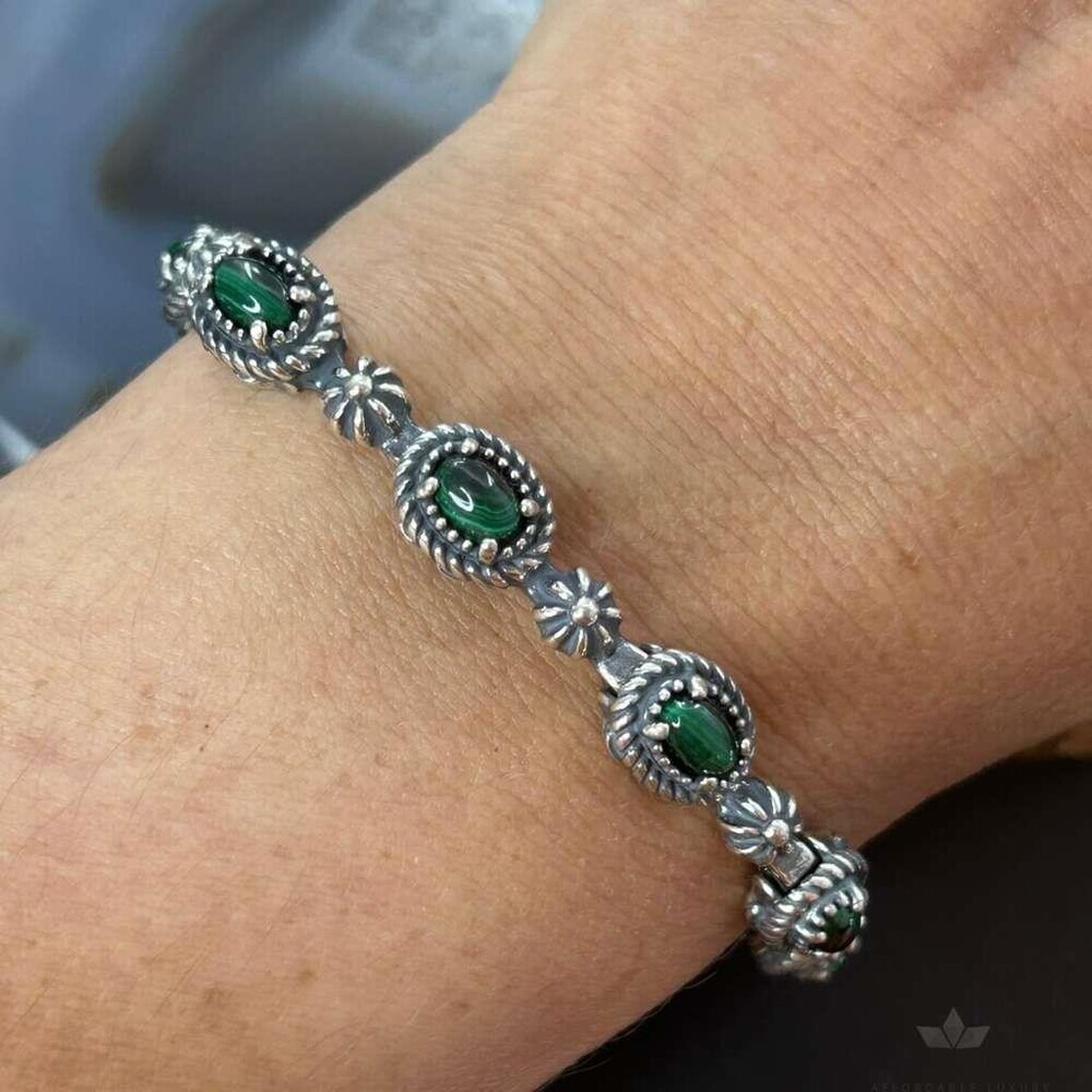 Carolyn Pollack Sterling Silver 9 Oval Malachite Link Bracelet For Women